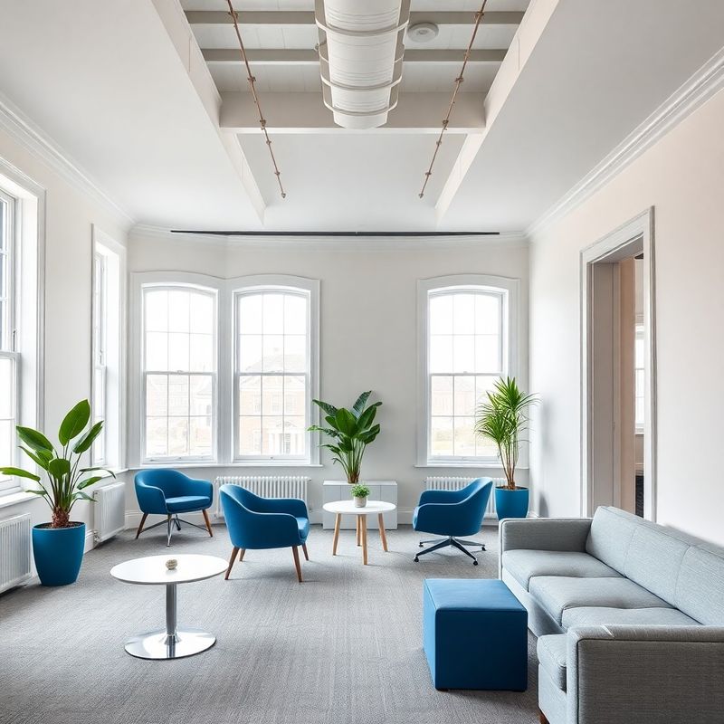 Modern Dublin office interior with Georgian sash windows and warm light